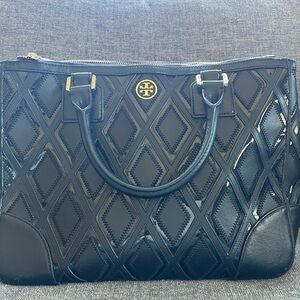 Tory Burch Black Quilted Patent Satchel with Gold Logo